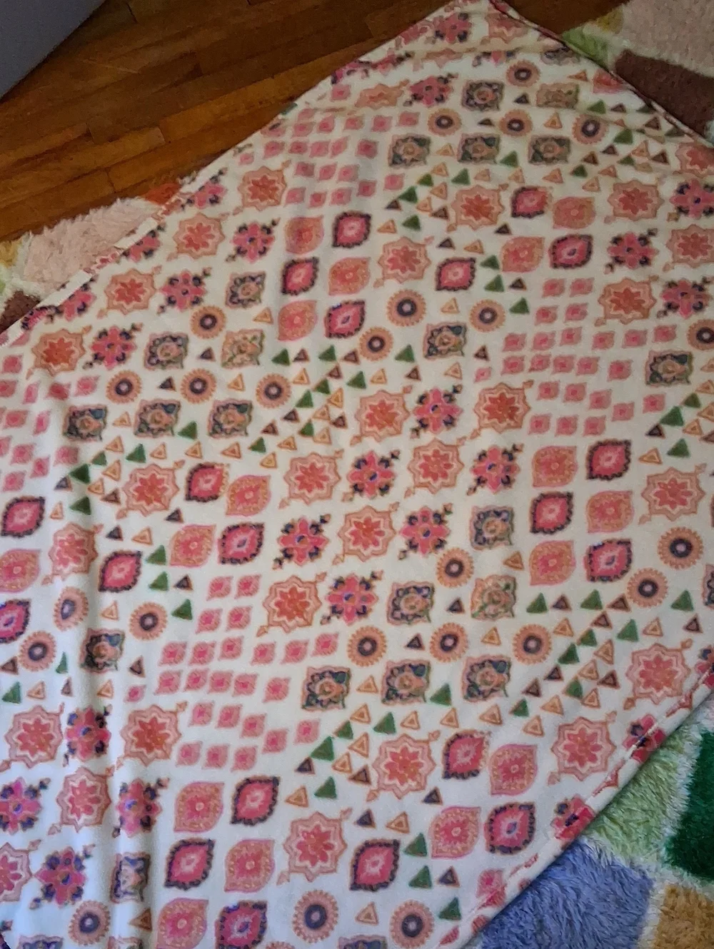 Jessica Simpson White Bedding Throw with Pink, Orange and Green Medallion Print